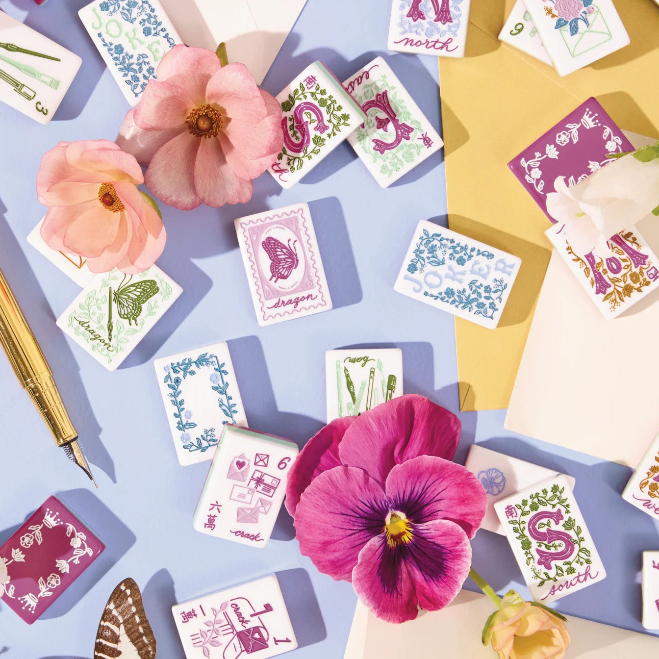 Love Letters & Stationery American Mahjong Set - Plum Berry Floral Backs, 160-Tile Complete Kit