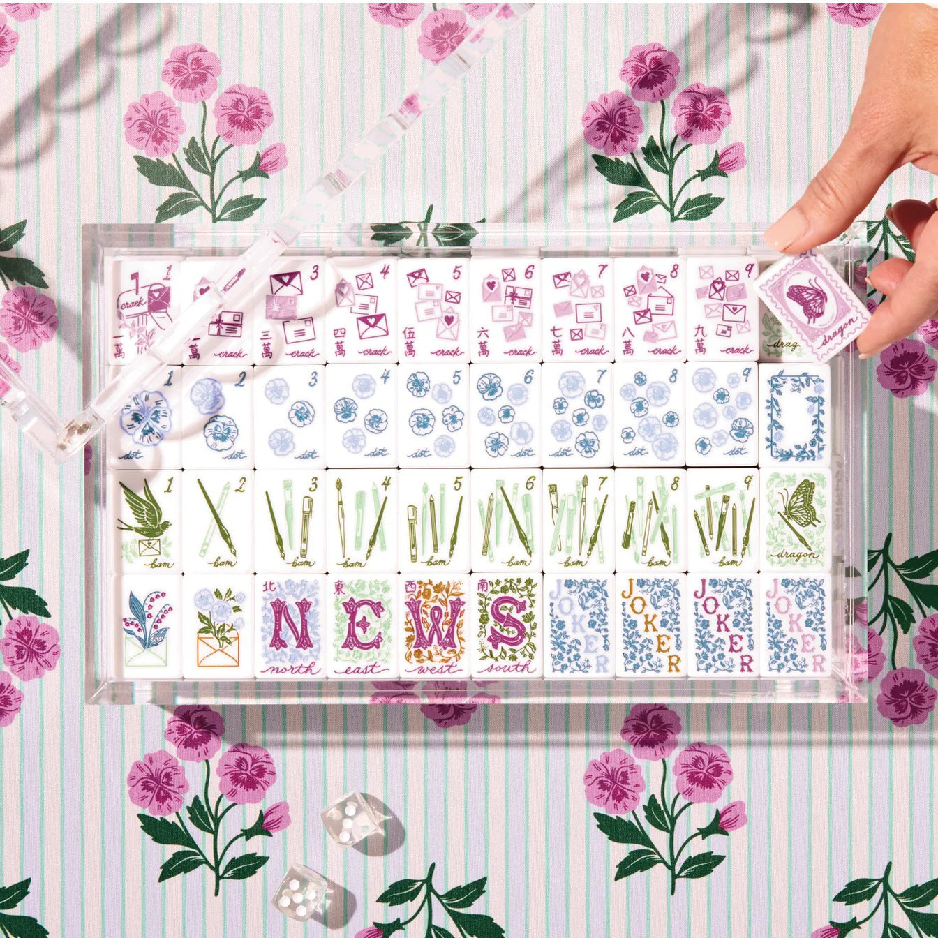 Love Letters & Stationery American Mahjong Set - Plum Berry Floral Backs, 160-Tile Complete Kit