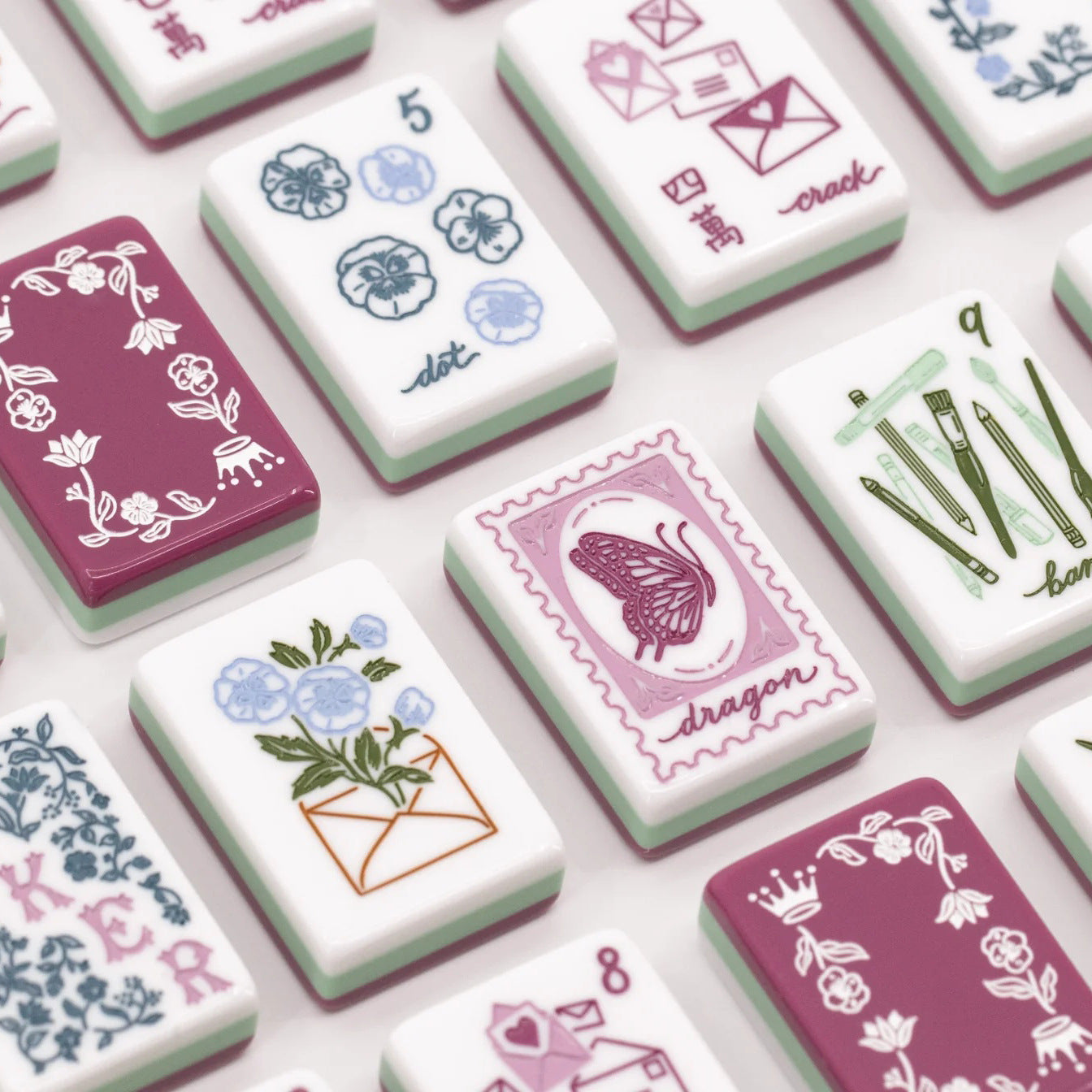 Love Letters & Stationery American Mahjong Set - Plum Berry Floral Backs, 160-Tile Complete Kit