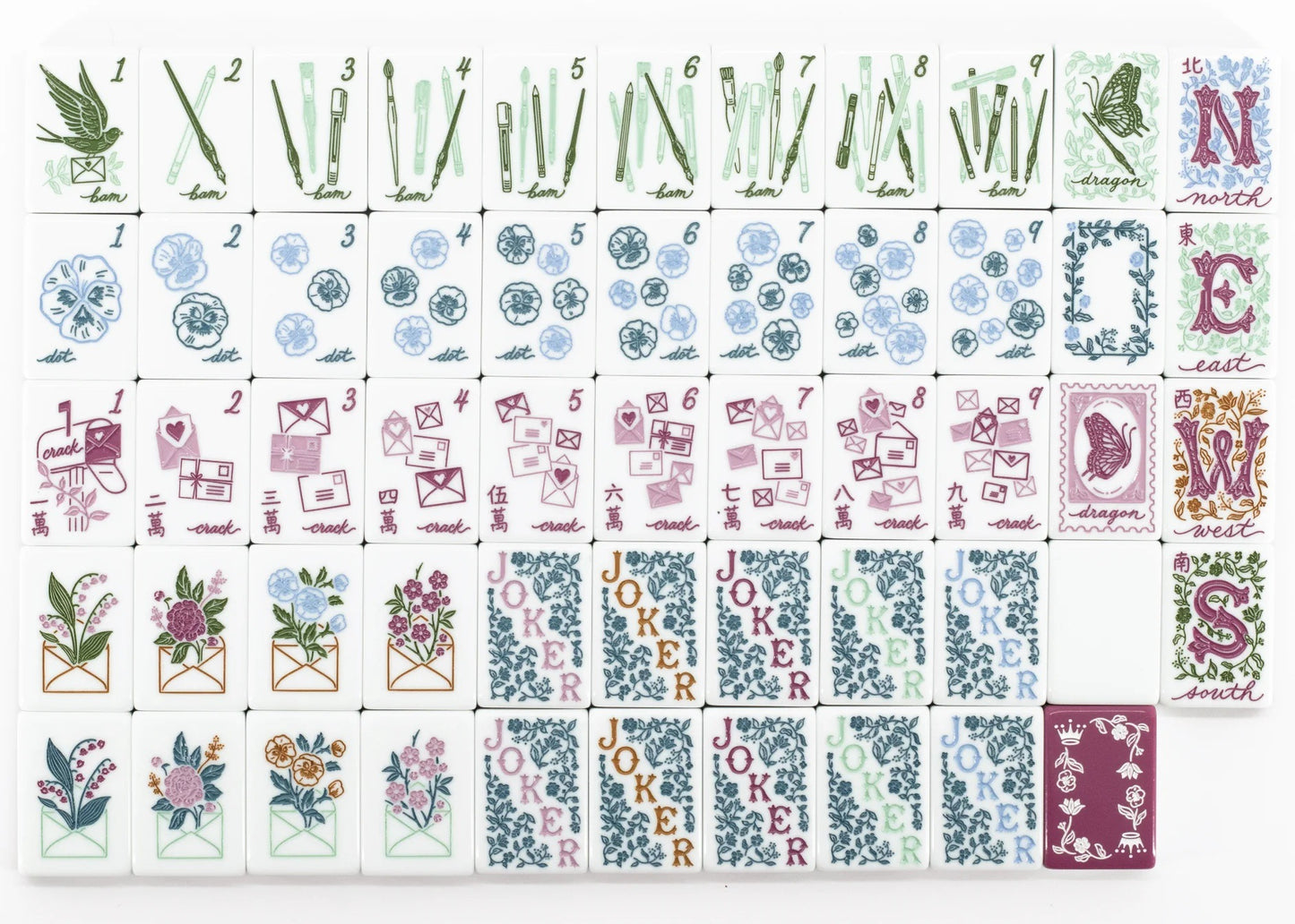 Love Letters & Stationery American Mahjong Set - Plum Berry Floral Backs, 160-Tile Complete Kit