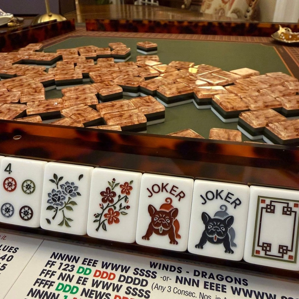 Frenchie Luxury American Mahjong Set - French Bulldog Jokers & Amber Woodgrain Backs, 160-Tile Complete Kit
