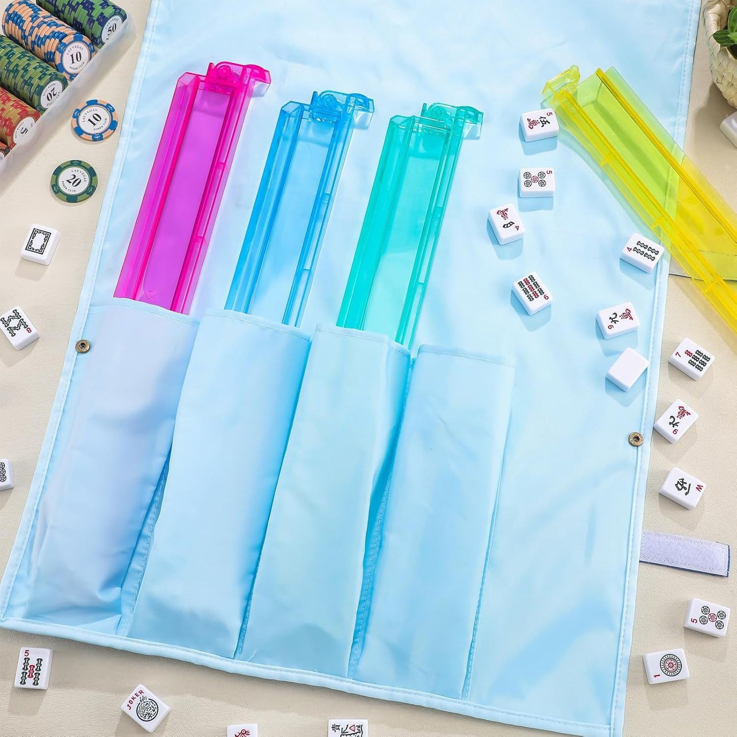 Portable Roll-Up Mahjong Tile Carrying Bag – Foldable Storage Wrap with Elastic Straps for Racks & Accessories
