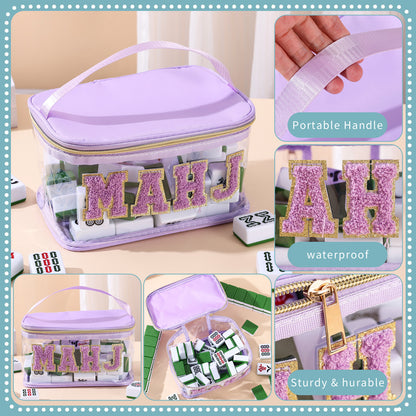 Clear Chenille Letter Patch Mahjong Tile Pouch – Waterproof Travel Bag with Handle (9.2" x 6.3" x 5.1")
