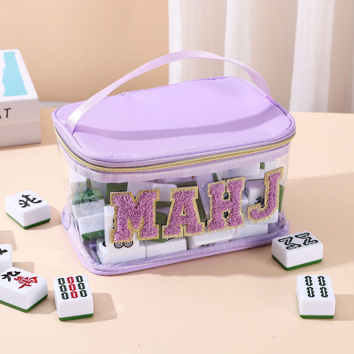 Clear Chenille Letter Patch Mahjong Tile Pouch – Waterproof Travel Bag with Handle (9.2" x 6.3" x 5.1")