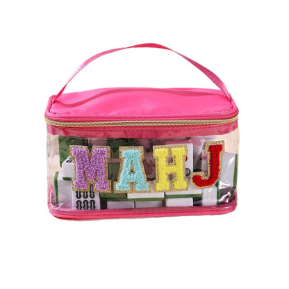 Clear Chenille Letter Patch Mahjong Tile Pouch – Waterproof Travel Bag with Handle (9.2" x 6.3" x 5.1")