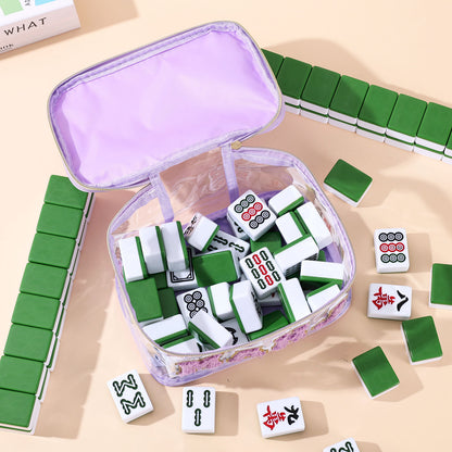 Clear Chenille Letter Patch Mahjong Tile Pouch – Waterproof Travel Bag with Handle (9.2" x 6.3" x 5.1")