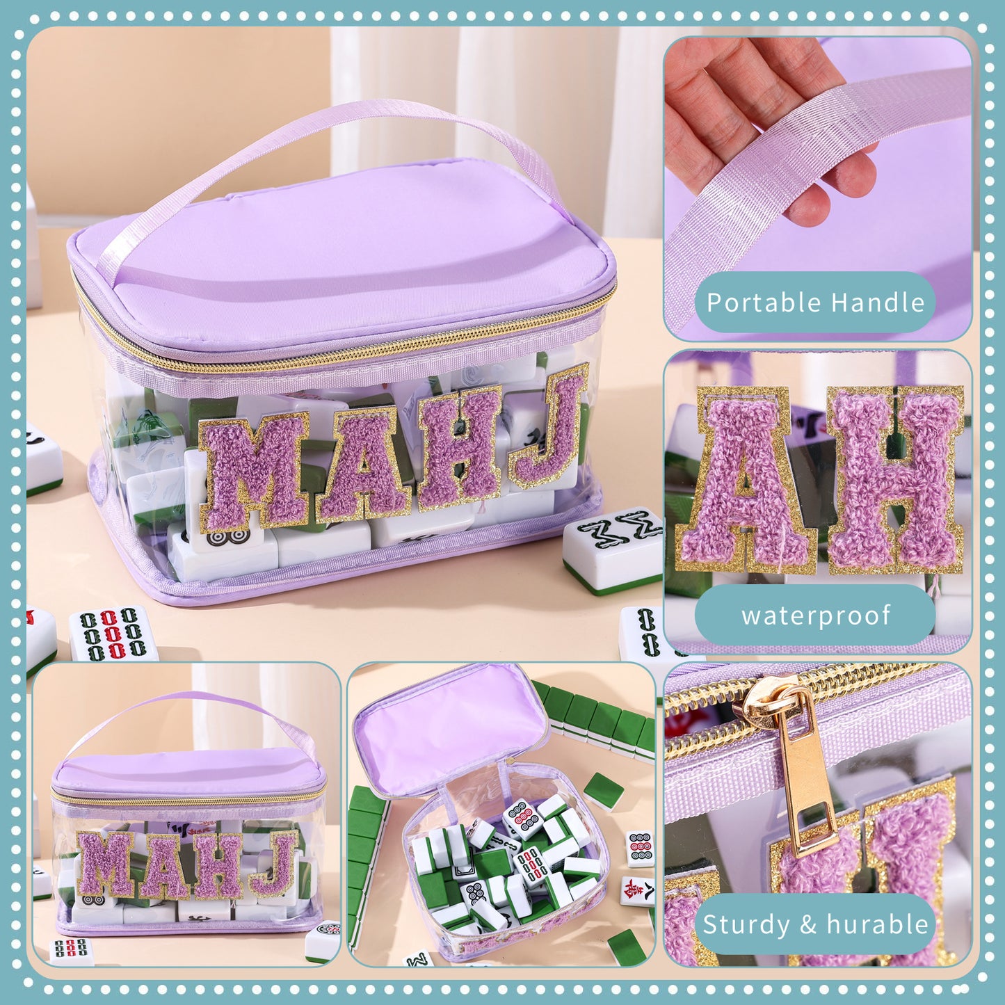Clear Chenille Letter Patch Mahjong Tile Pouch – Waterproof Travel Bag with Handle (9.2" x 6.3" x 5.1")