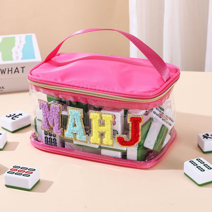 Clear Chenille Letter Patch Mahjong Tile Pouch – Waterproof Travel Bag with Handle (9.2" x 6.3" x 5.1")