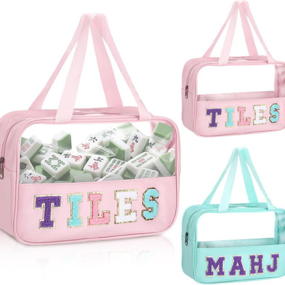 Clear Tote Mahjong Bag with Chenille Patches – Shoulder Carrying Bag for Tiles & Accessories (11.8" x 8.3" x 3.9")