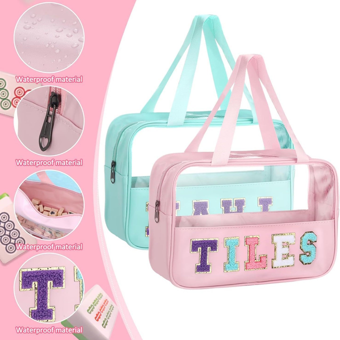 Clear Tote Mahjong Bag with Chenille Patches – Shoulder Carrying Bag for Tiles & Accessories (11.8" x 8.3" x 3.9")
