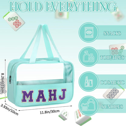 Clear Tote Mahjong Bag with Chenille Patches – Shoulder Carrying Bag for Tiles & Accessories (11.8" x 8.3" x 3.9")