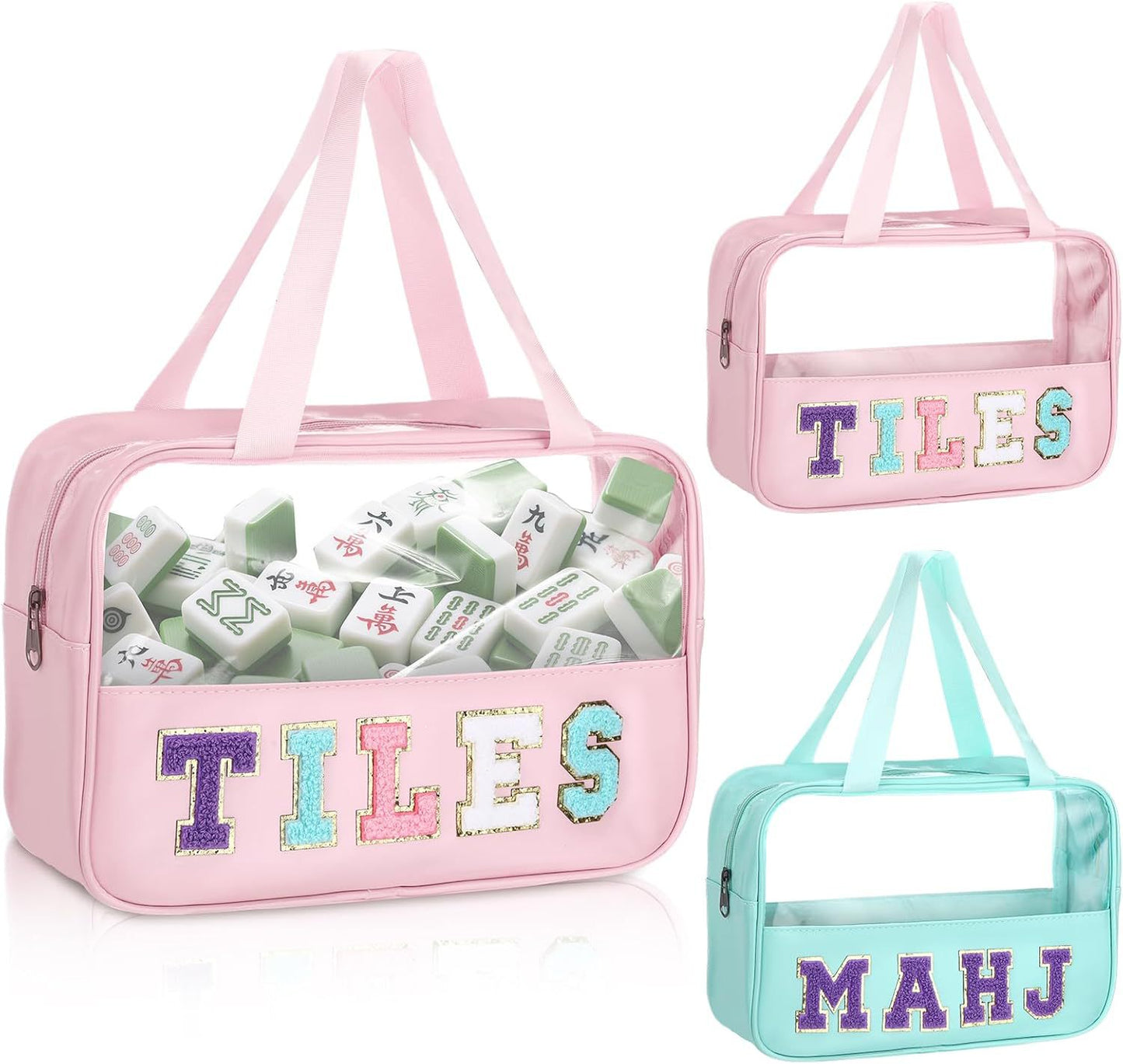 Clear Tote Mahjong Bag with Chenille Patches – Shoulder Carrying Bag for Tiles & Accessories (11.8" x 8.3" x 3.9")