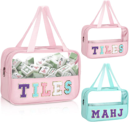 Clear Tote Mahjong Bag with Chenille Patches – Shoulder Carrying Bag for Tiles & Accessories (11.8" x 8.3" x 3.9")