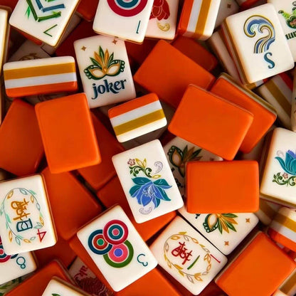 麻将狗复古嘉年华美国麻将牌套装，160块花卉与小丑面牌，橙色背面，适合收藏与游戏